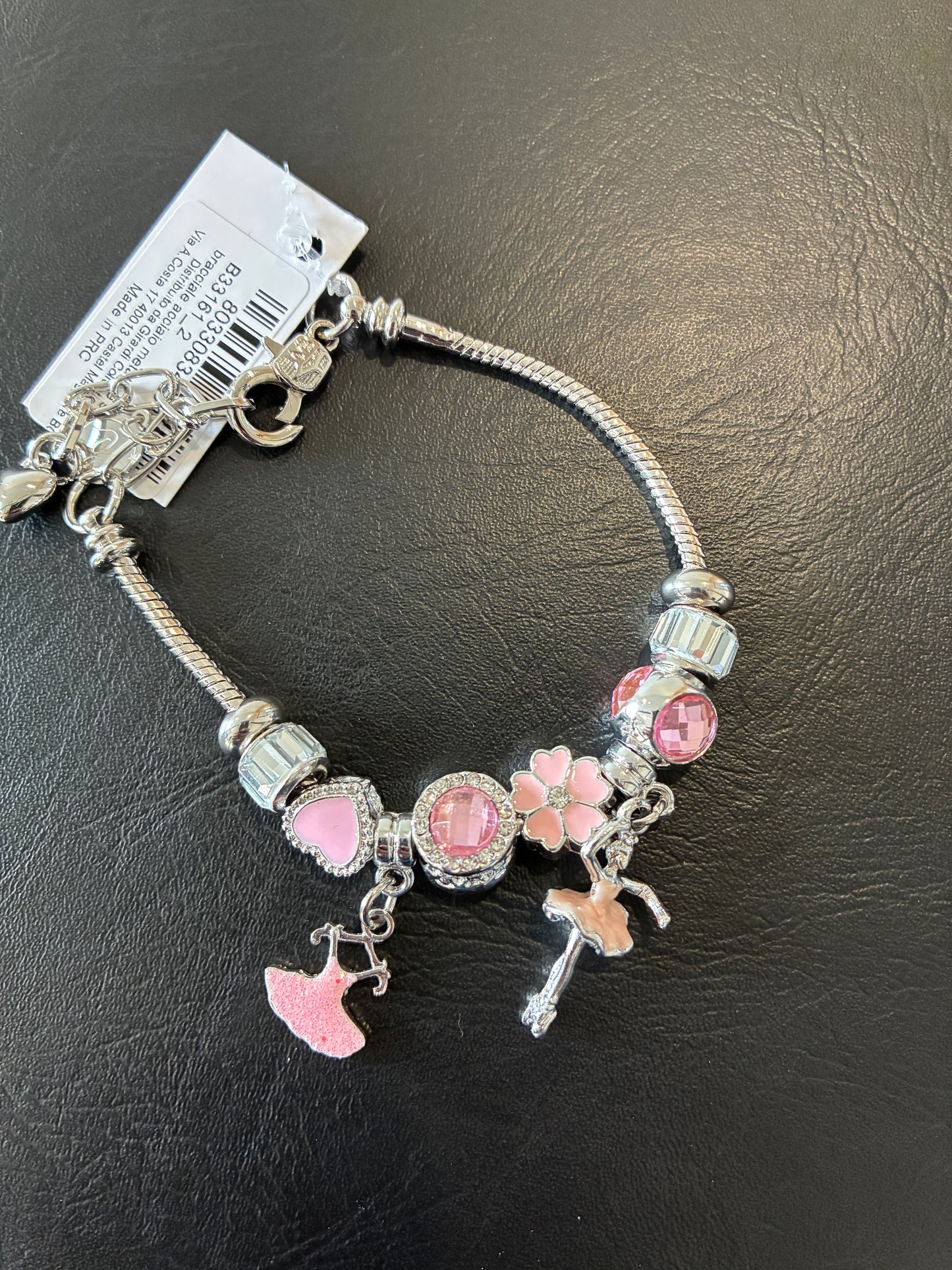 Rhodium Plated Anti-Allergic Charm Bracelet with Rhinestones & Enameled Ballerina