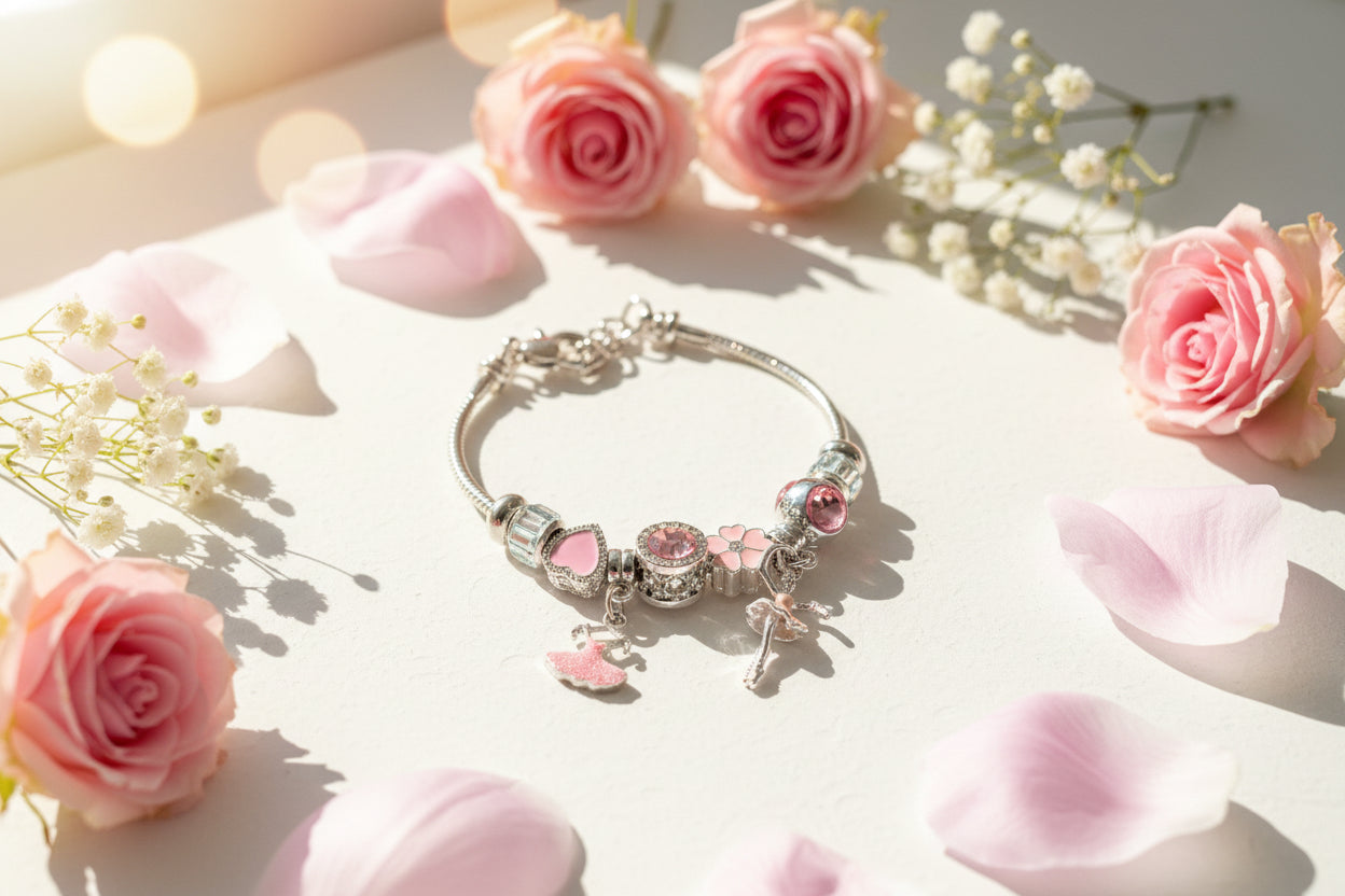 Rhodium Plated Anti-Allergic Charm Bracelet with Rhinestones & Enameled Ballerina - Studio Dance Wear
