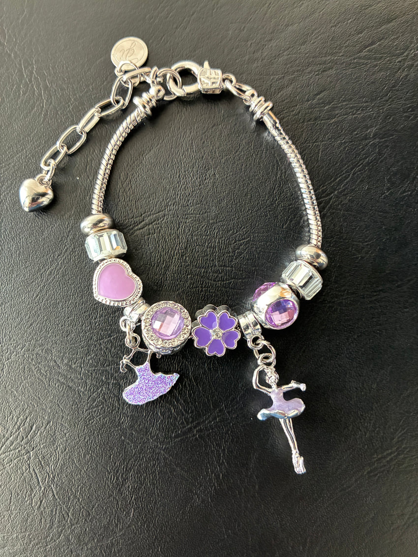 Rhodium Plated Anti-Allergic Charm Bracelet with Rhinestones & Enameled Ballerina